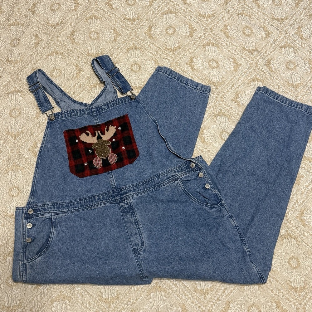Vintage 90's CJ Banks Cottonβ Denim Overalls Christmas Moose Size 24W
